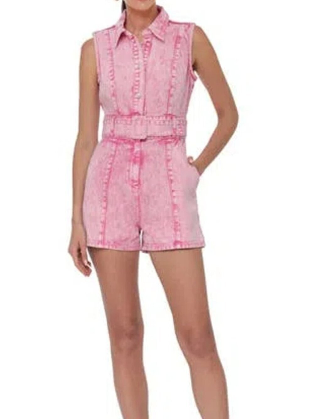 Avec Les Filles Denim Sleeveless Collared Romper Belt Pink Mineral Wash Small